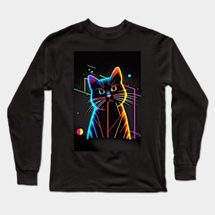 Cool Cat Portrait Neon Art Style Long Sleeve T-Shirt